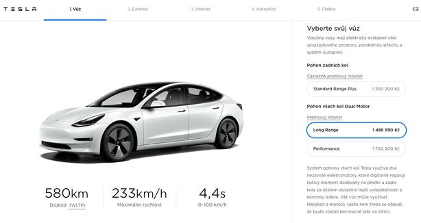 Tesla Model 3 v konfigurátoru