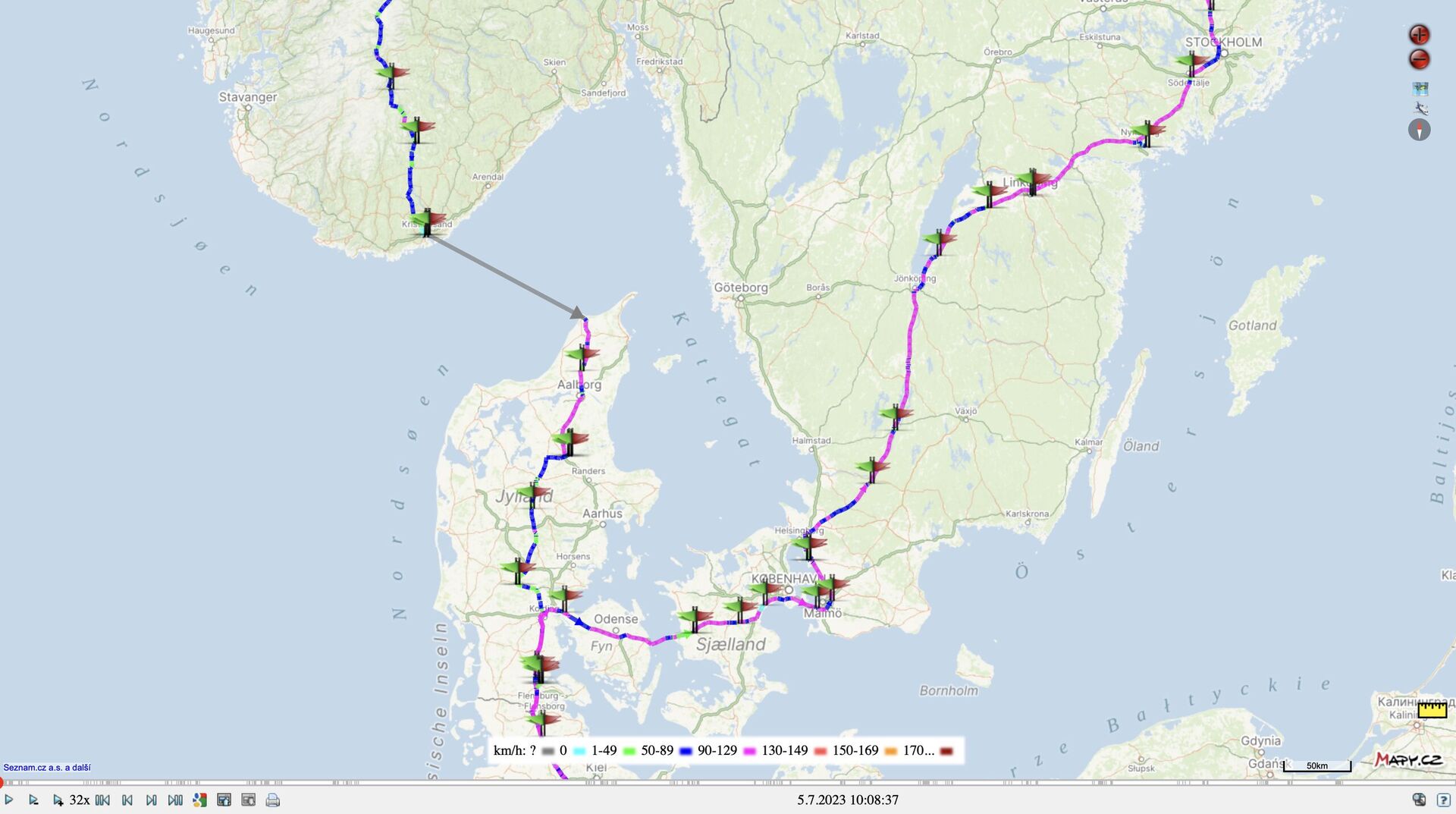 Trasa přes Dánsko podle přenosné GPS jednotky