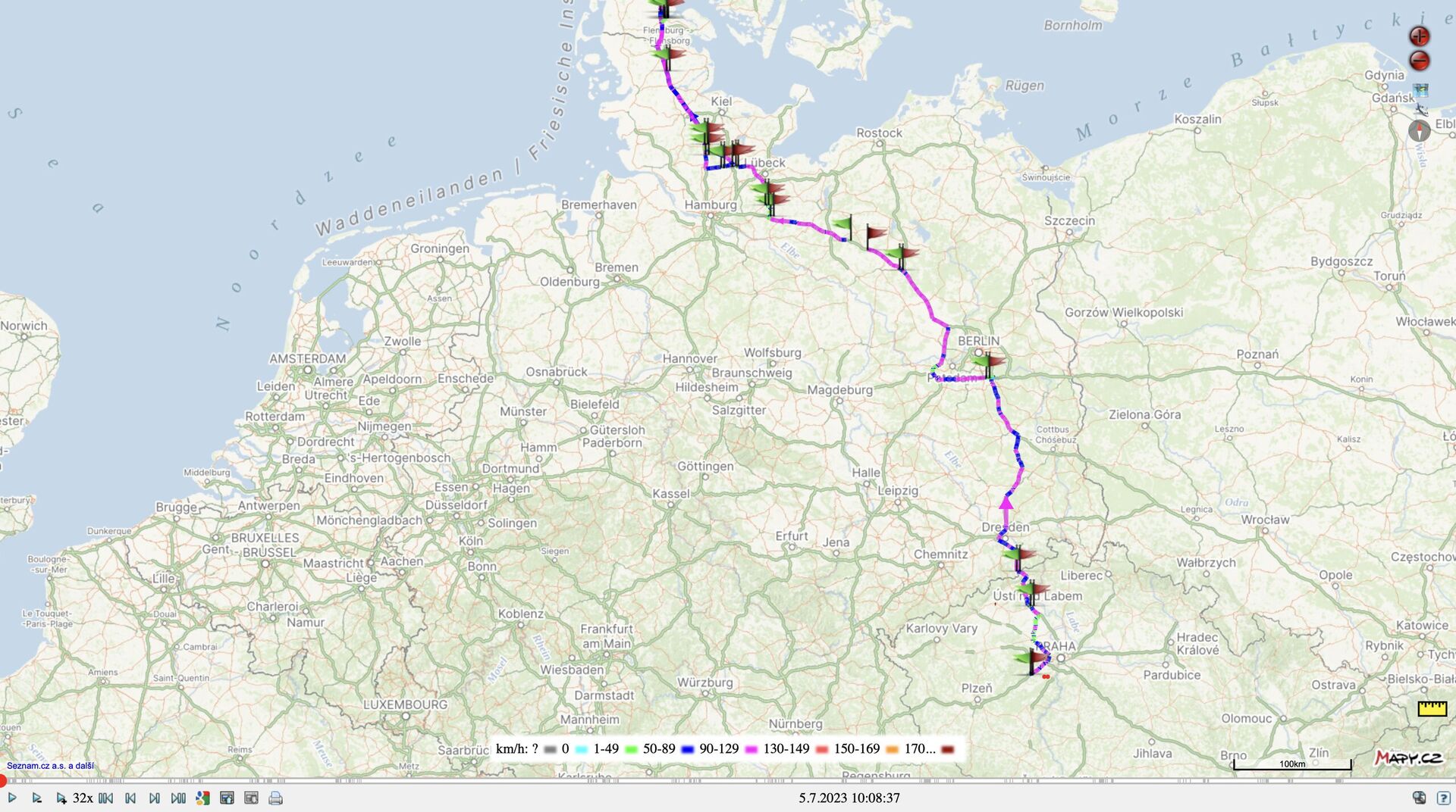 Trasa přes Německo podle přenosné GPS jednotky