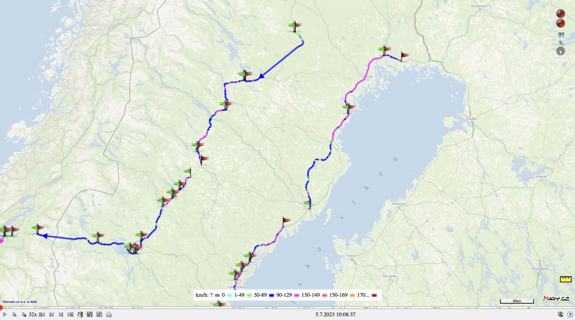 Trasa přes sever Švédska tam i zpět podle přenosné GPS jednotky