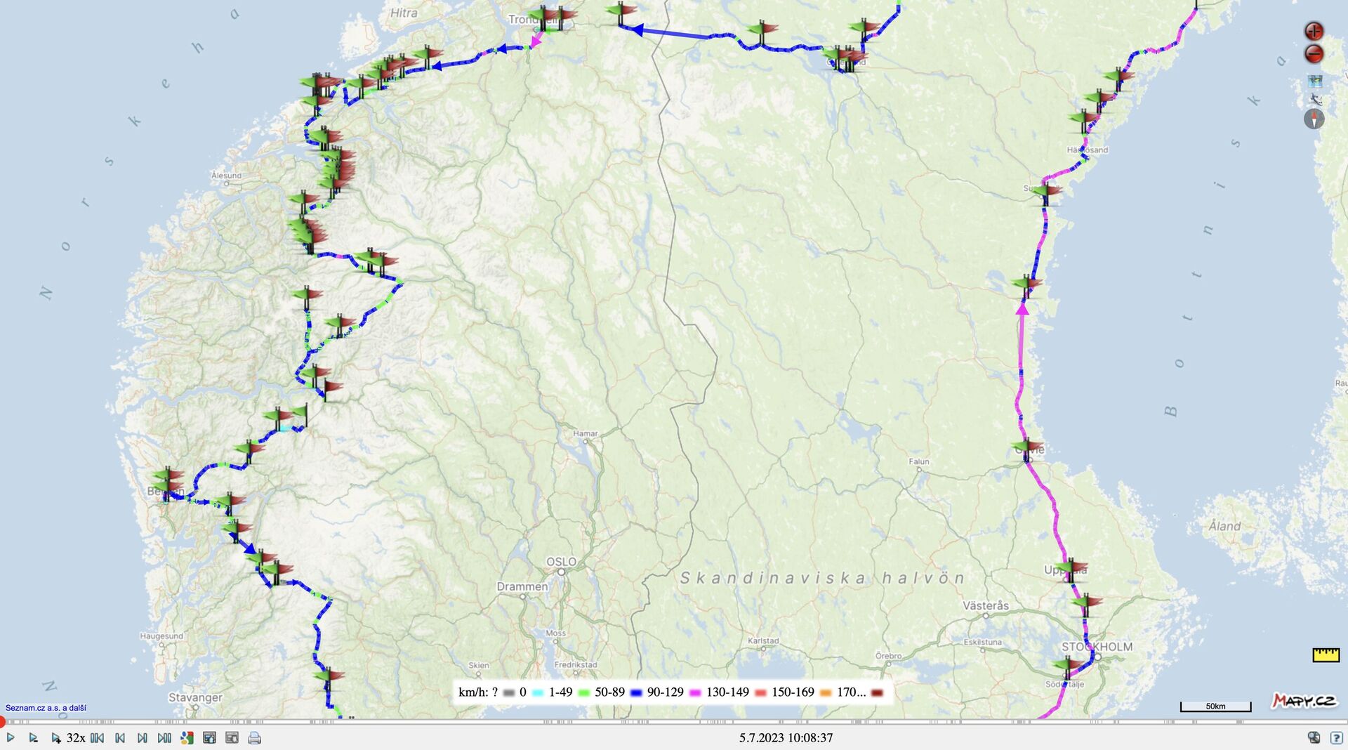 Trasa přes střed Švédska (tam) a Norska (zpět) podle přenosné GPS jednotky