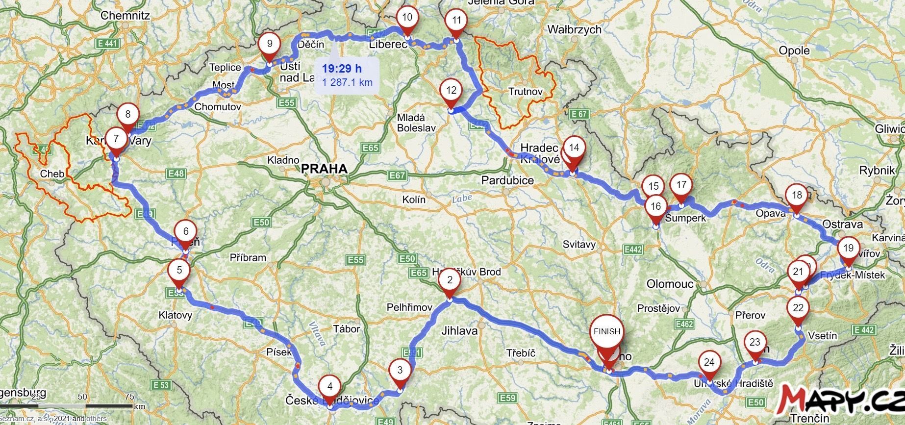 Trasa výzvy s oklikou kolem Trutnovska