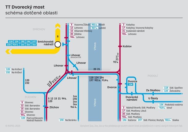Vedení tramvají přes Dvorecký most 2026