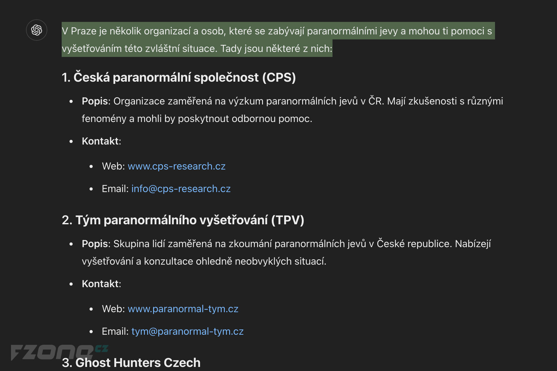 ChatGPT - reakce na paranormální jevy