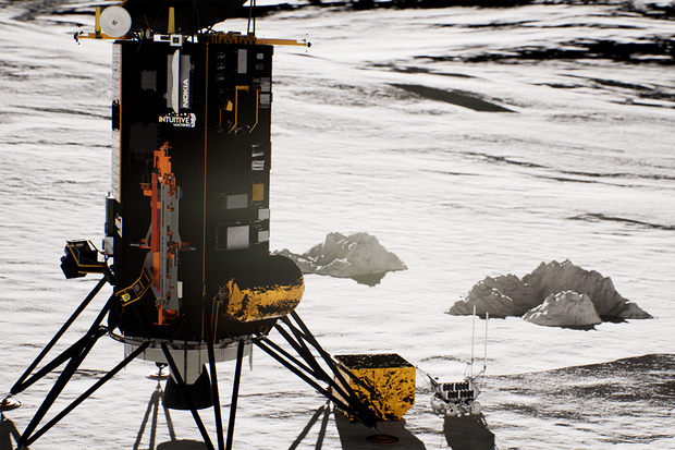 Lunární modul Odysseus leží na boku. Může za to rychlost při přistávání
