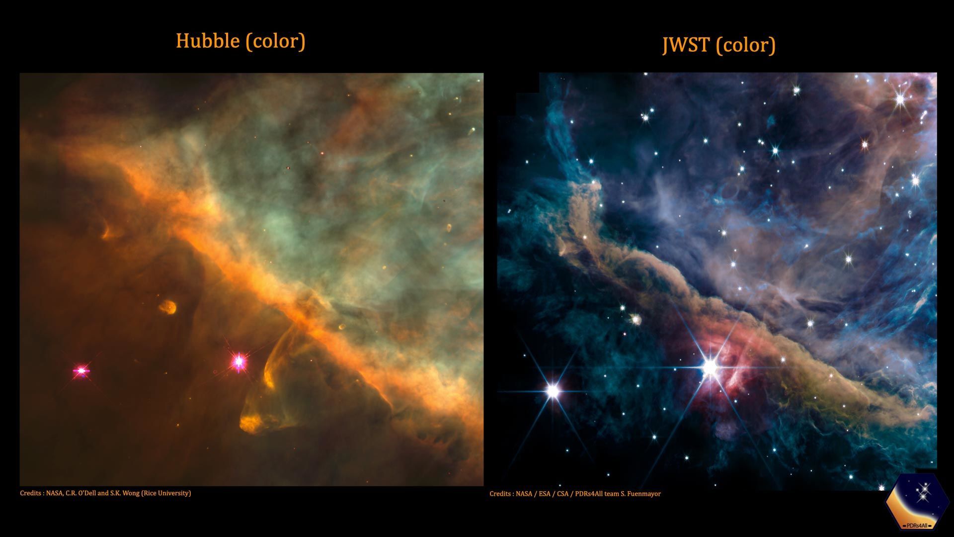 porovnání snímků Hubbleova dalekohledu a Webbova